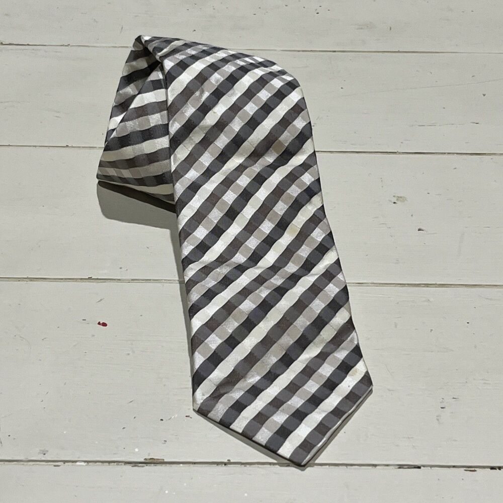 H. Stockton 100% Silk Tie Classic Length Gray Tan Brown Striped 59"